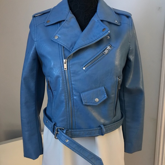 Zara Jackets & Blazers - Zara Faux Leather Moto Jacket Size M in Baby Blue